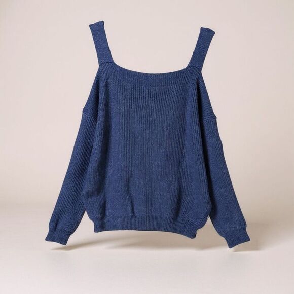 Cold Shoulder Sweater Women Small Blue Off the Shoulder Pullover Oversized Top - Picture 2 of 8